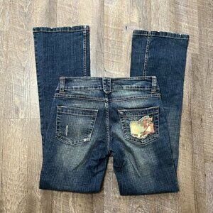 2000s Y2k Southpole‎ Low Rise Flare Jeans Distressed Camo Patch Womens Size 3/29